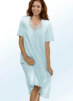 Nachtwäsche|Damenwäsche>Nachthemd, Kurzarm mit V-Ausschnitt und Spitze