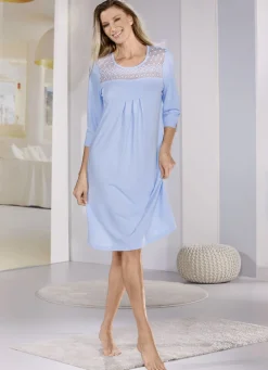 ASCAFA Nachtwäsche|Damenwäsche>Nachthemd, wadenlang und 3/4 lange Ärmel HELLBLAU