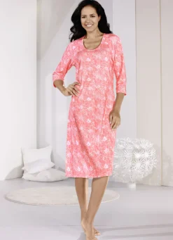 PLANTIER Damenwäsche|Nachtwäsche>Nachthemd, wadenlang und 3/4 langen Ärmeln KORALLE-WEISS