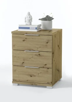 Möbel>Nachttisch mit metallfarbenen Kunststoffgriffen