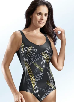NATURANA Bade- & Strandmode|Bade- & Strandmode>Badeanzug mit Halbkorsage und grafischem Druckdessin, bis Cup E SCHWARZ-GELB-BUNT