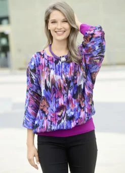 Blusen & Tuniken>Poncho-Tunika mit eingearbeitetem Top LILA-FUCHSIA-WEISS-BUNT