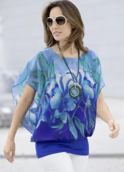 Blusen & Tuniken>Poncho-Tunika mit eingearbeitetem Top ROYALBLAU-BUNT