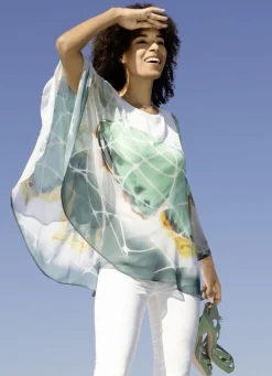 Blusen & Tuniken>Poncho-Tunika mit eingearbeitetem Trägershirt GRÜN-ECRU-GELB