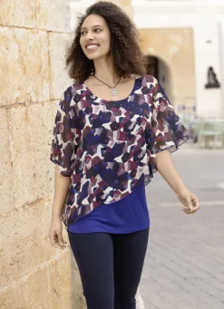 Blusen & Tuniken>Poncho-Tunika mit tollem Druck ROYALBLAU-MARINE-BORDEAUX-BUNT