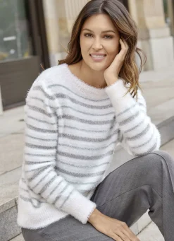 Abendmode|Pullover & Strickmode></noscript>Pullover aus haarigem Effektgarn mit Glitzer ECRU-GRAU-SILBERFARBEN