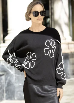 Tizia Pullover & Strickmode|Abendmode>Pullover mit aufwendigen Blütenapplikationen SCHWARZ-WEISS
