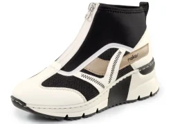 Rieker Schuhe|Damenschuhe>, stylische Damen-Boots, Weite G, mit herausnehmbarem Fußbett CREME-SCHWARZ-BRAUN