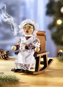 Weihnachtliche Dekorationen>Räucherfigur Oma im Schaukelstuhl WEISS-ROT