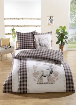 Heimtextilien>Rustikale Bettwäsche-Garnitur mit Hirsch-Motiv BRAUN-BUNT