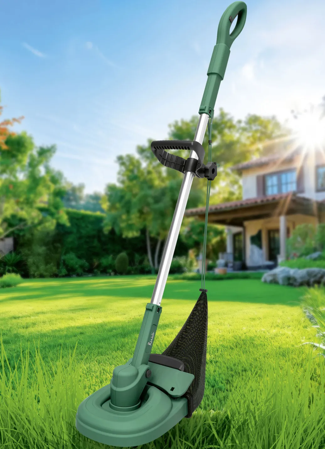 Gartenpflege|Gartengeräte Und Zubehör>RuWi Akku-Trimmer mit Fangnetz GRÜN-SCHWARZ-SILBER