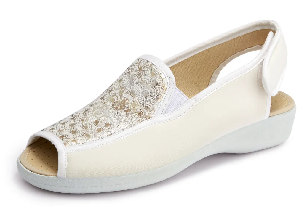 Schuhe|Damenschuhe>Sandale aus elastischem Textilmaterial CREMEWEISS-GOLD