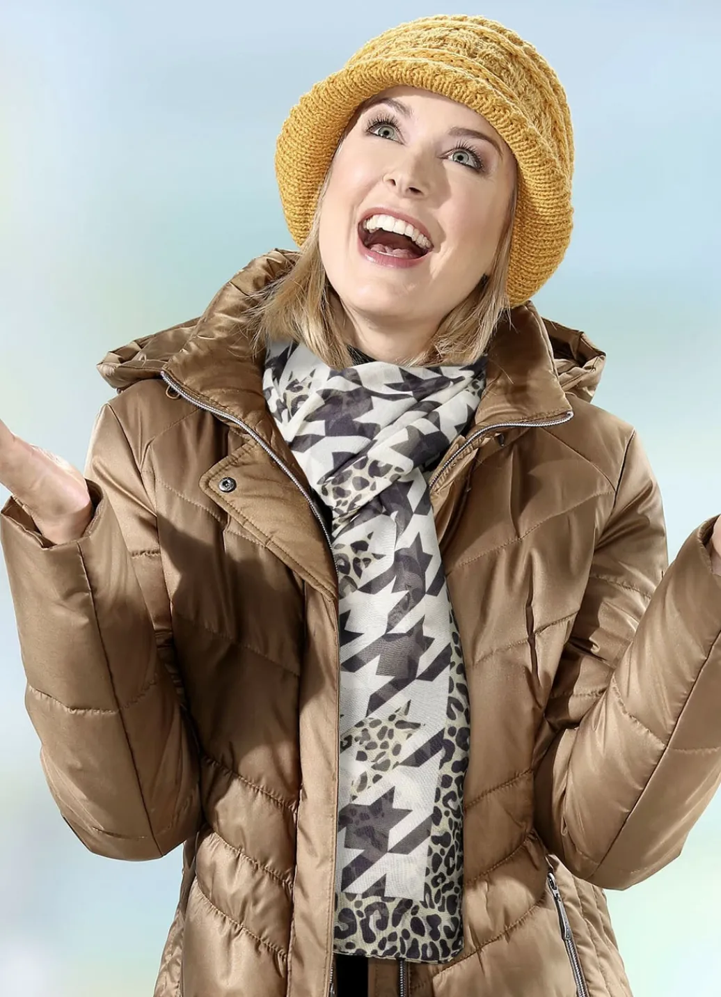 Accessoires>Schal mit Hahnentritt-Dessin SAND-SCHWARZ-HASELNUSS