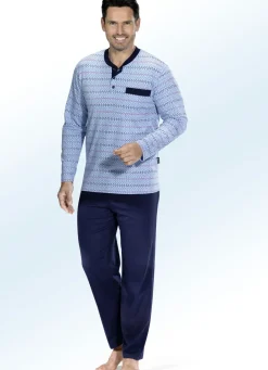 COMTE Herrenwäsche|Nachtwäsche>Schlafanzug aus BIO-Baumwolle mit Knopfleiste und Brusttasche HELLBLAU-MARINE