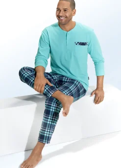 COMTE Nachtwäsche|Herrenwäsche>Schlafanzug aus BIO-Baumwolle, Knopfleiste, aufgesetzter Brusttasche und Karodessin TÜRKIS-BUNT