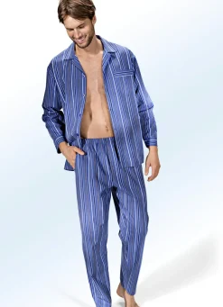 Herrenwäsche|Nachtwäsche>Schlafanzug, durchgeknöpft, aus Webware mit Streifendessin