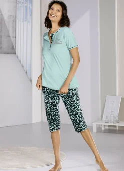 Damenwäsche|Nachtwäsche>Schlafanzug, Knopfleiste und kurzen Ärmeln MINT-SCHWARZ