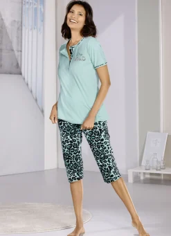 Damenwäsche|Nachtwäsche>Schlafanzug, Knopfleiste und kurzen Ärmeln MINT-SCHWARZ