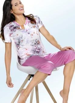 Damenwäsche|Nachtwäsche>Schlafanzug, Kurzarm mit Knopfleiste und Blumendruck