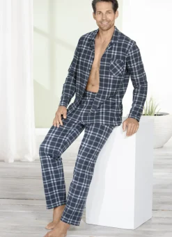 Herrenwäsche|Nachtwäsche>Schlafanzug mit durchgeknöpftem Oberteil GRAU-GRÜN