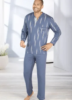 Herrenwäsche|Nachtwäsche>Schlafanzug mit Knopfleiste und offenen Abschlüssen JEANSBLAU-BUNT