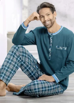 Herrenwäsche|Nachtwäsche>Schlafanzug mit Knopfleiste PETROL-BUNT