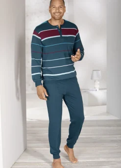 Herrenwäsche|Nachtwäsche>Schlafanzug mit Knopfleiste und Bündchenabschlüssen PETROL-BUNT