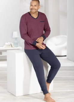 Herrenwäsche|Nachtwäsche>Schlafanzug mit V-Ausschnitt und Bündchenabschlüssen ROT-MARINE
