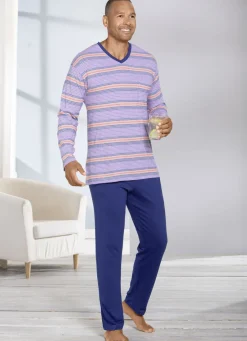 Nachtwäsche|Herrenwäsche>Schlafanzug mit V-Ausschnitt und offenen Beinabschlüssen FLIEDER-MARINE-BUNT