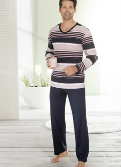 Nachtwäsche|Herrenwäsche>Schlafanzug mit V-Ausschnitt und offenen Abschlüssen ROSENHOLZ-NAVY-ECRU