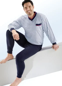 Herrenwäsche|Nachtwäsche>Schlafanzug mit V-Ausschnitt und Bündchenabschlüssen