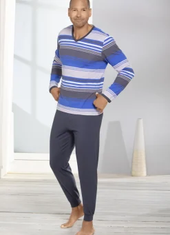 Herrenwäsche|Nachtwäsche>Schlafanzug mit V-Ausschnitt und Bündchenabschlüssen BLAU-GRAU