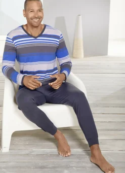 Herrenwäsche|Nachtwäsche></noscript>Schlafanzug mit V-Ausschnitt und Bündchenabschlüssen BLAU-GRAU