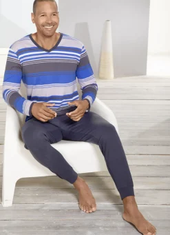 Herrenwäsche|Nachtwäsche></noscript>Schlafanzug mit V-Ausschnitt und Bündchenabschlüssen BLAU-GRAU