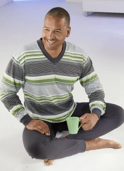 Herrenwäsche|Nachtwäsche>Schlafanzug mit V-Ausschnitt und Bündchenabschlüssen GRAU-GRÜN