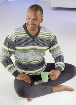 Herrenwäsche|Nachtwäsche>Schlafanzug mit V-Ausschnitt und Bündchenabschlüssen GRAU-GRÜN