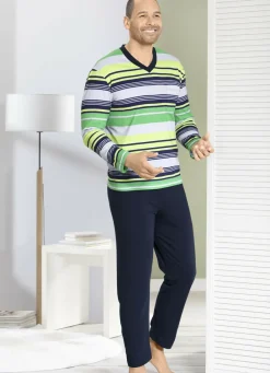 Nachtwäsche|Herrenwäsche>Schlafanzug mit V-Ausschnitt und aufgesetzter Brusttasche im Ringeldessin MARINE-GRÜN