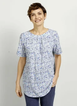 Blusen & Tuniken>Schlupfbluse mit floralem Druckdessin BLAU-TÜRKIS