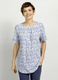 Blusen & Tuniken>Schlupfbluse mit floralem Druckdessin BLAU-TÜRKIS