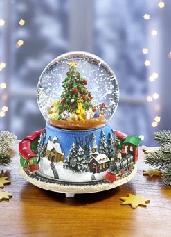 Weihnachtliche Dekorationen>Schneekugel mit Melodie und fahrender Eisenbahn BLAU