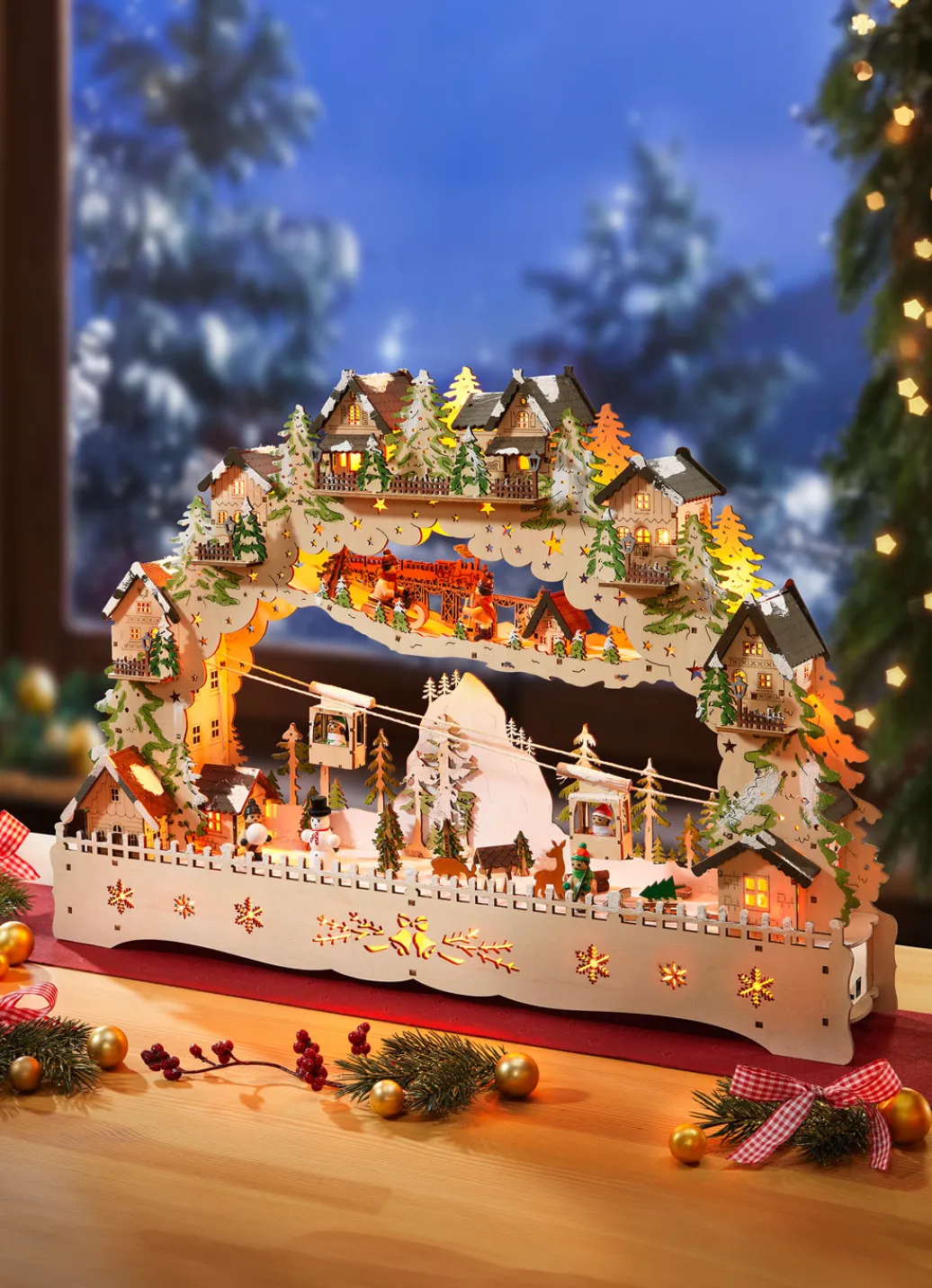 Weihnachtliche Dekorationen>Schwibbogen aus Holz mit LED-Beleuchtung NATUR-GRÜN