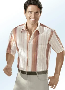 Hemden>Seersucker Hemd mit schönem Streifen-Dessin ECRU-LACHS-APRICOT-TERRAKOTTA GESTREIFT