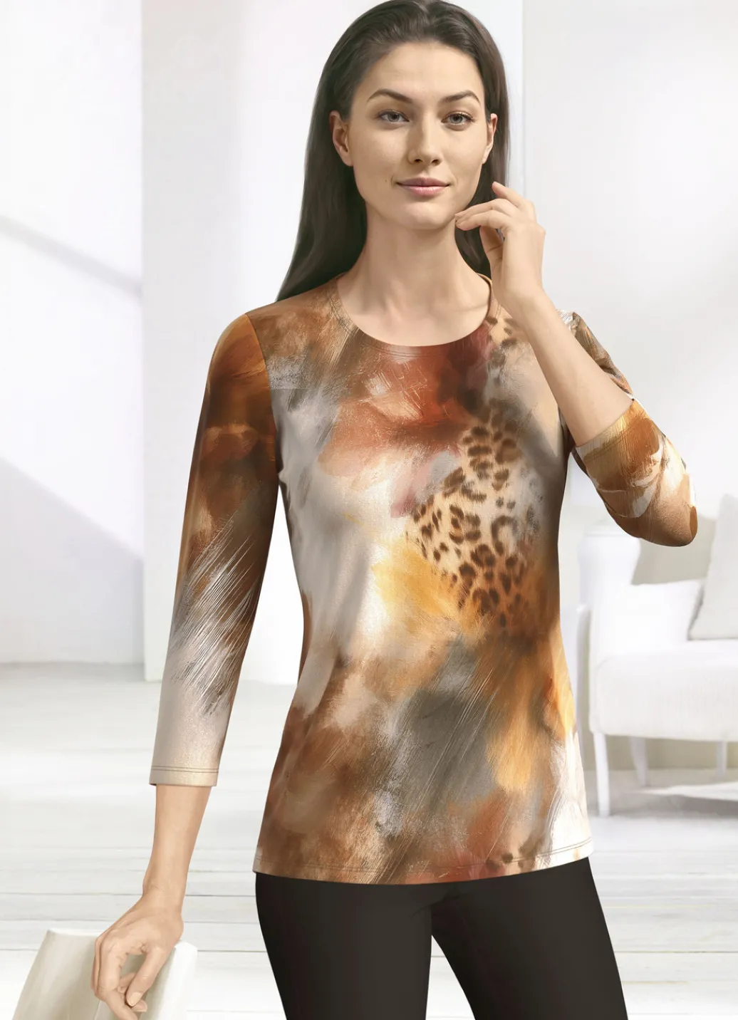 Laura Kent Shirts>Shirt mit Allover-Dessin BRAUN-GELB-TERRAKOTTA