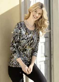 KLAUS MODELLE MADE IN GERMANY Shirts>Shirt mit Rundhalsausschnitt PETROL-OLIV-ECRU