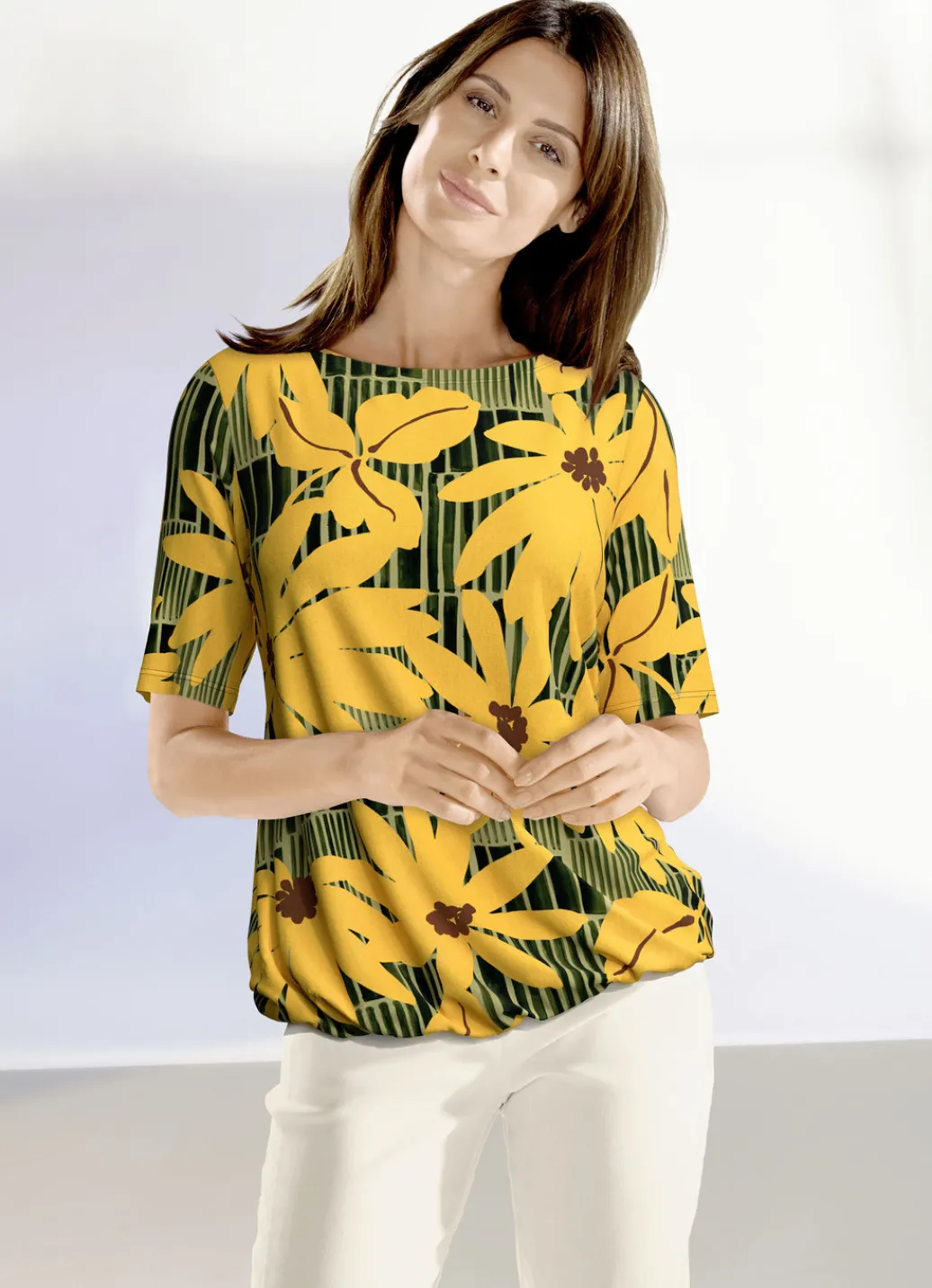 KLAUS MODELLE MADE IN GERMANY Shirts>Shirt mit U-Boot Ausschnitt GELB-OLIV-SCHWARZ