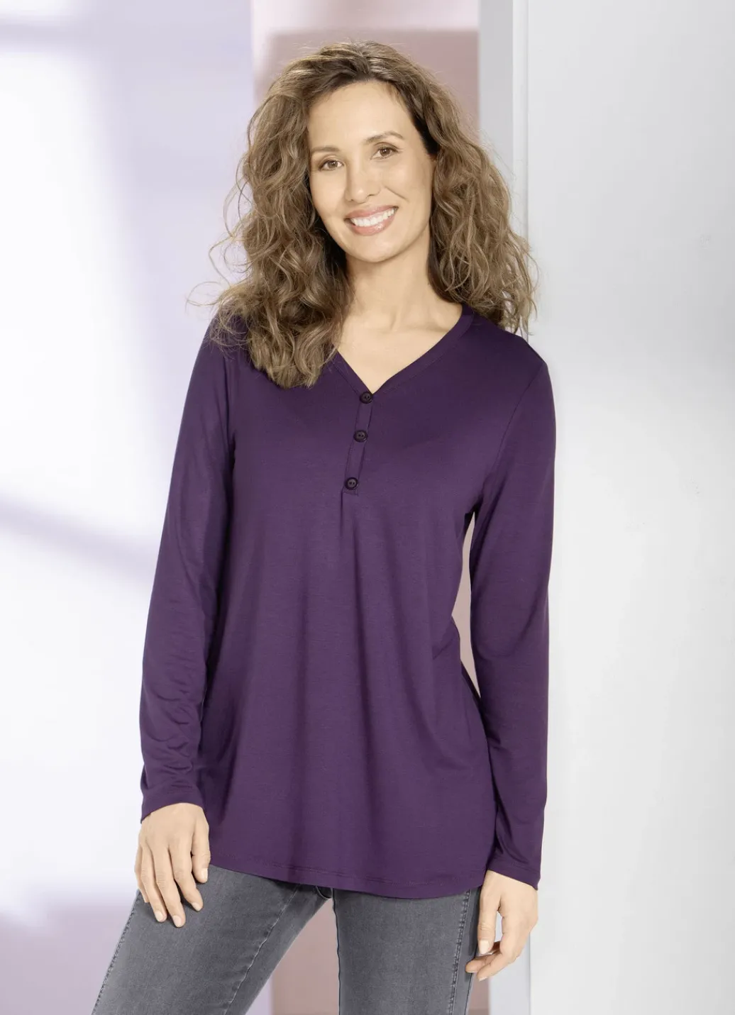 Blusen & Tuniken>Shirt-Tunika mit kurzer Knopfleiste AUBERGINE