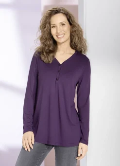 Blusen & Tuniken>Shirt-Tunika mit kurzer Knopfleiste AUBERGINE