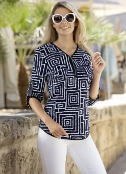 Blusen & Tuniken>Shirt-Tunika mit Lederimitat-Besatz MARINE-WEISS