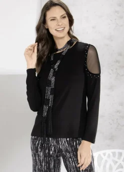 Abendmode|Blusen & Tuniken>Shirt-Tunika mit Netz-Einsatz SCHWARZ