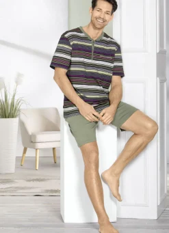 Nachtwäsche|Herrenwäsche>Shorty mit Knopfleiste KHAKI-SCHWARZ-BORDEAUX